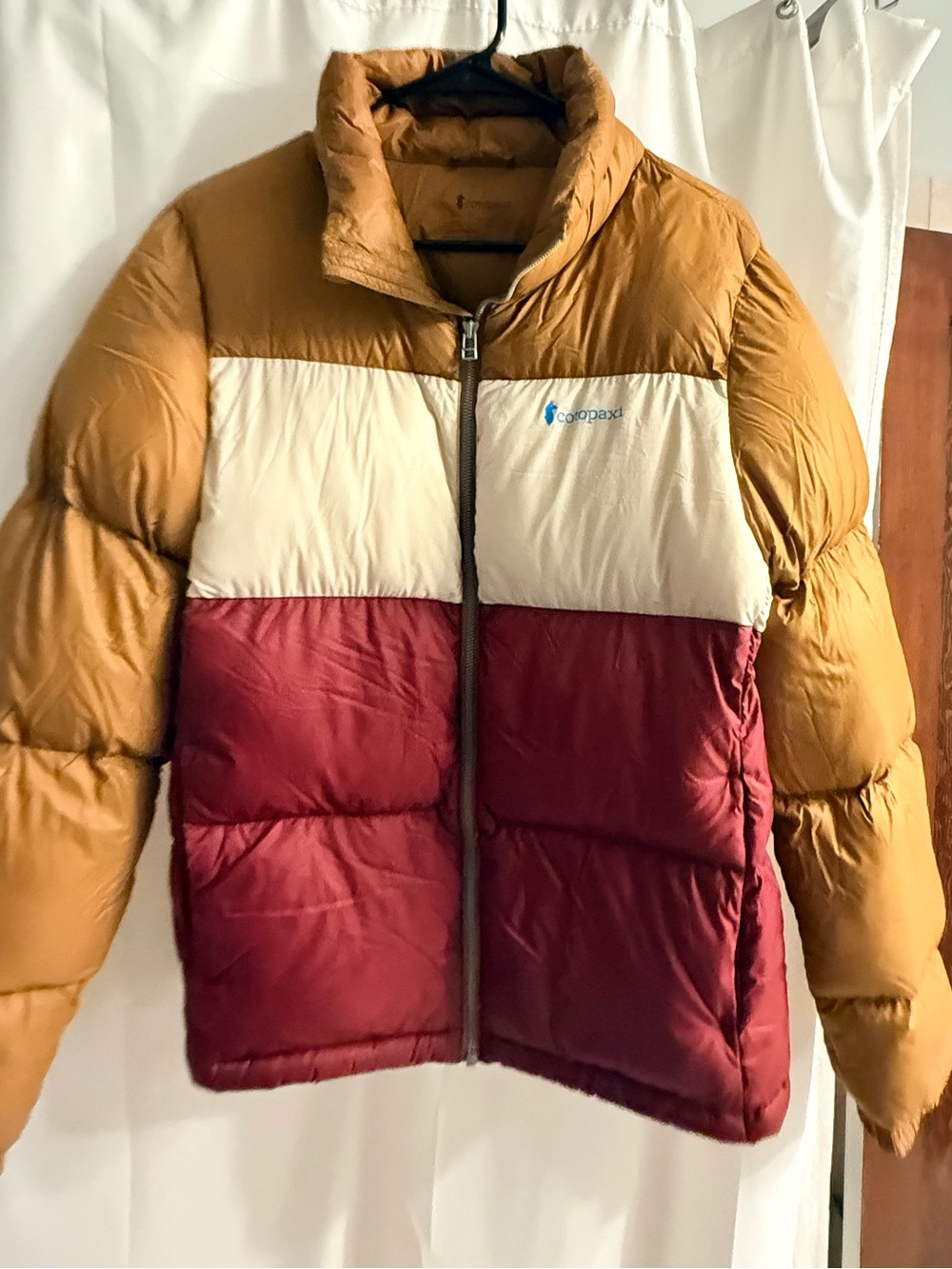 cotopaxi Colorblock Puffer Jacket in Tan, Cream & Red